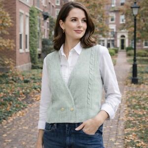 Vintage Talbots Sweater Vest Cable Knit Lambswool Angora Womens Small Mint Green